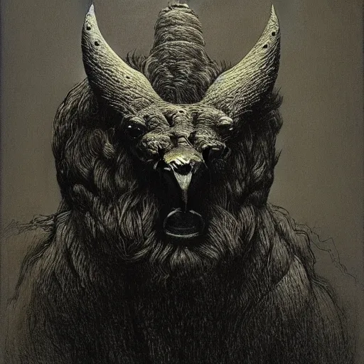 Image similar to creature with with four faces : eagle, bull, man, lion. drawn by zdzislaw beksinski