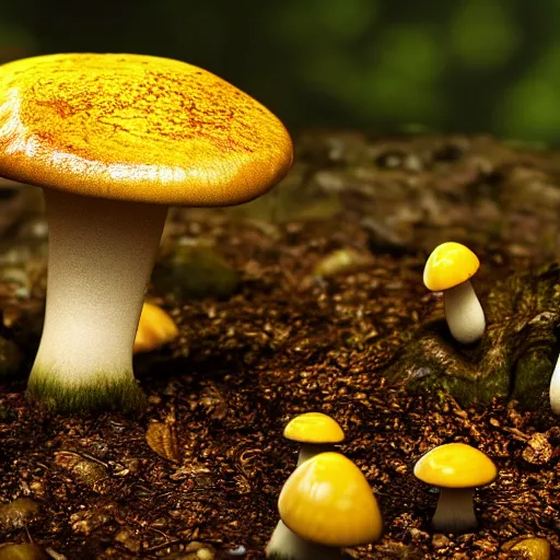 Image similar to backlit golden teacher mushroom dropping spores in the woods soil, unreal engine, closeup