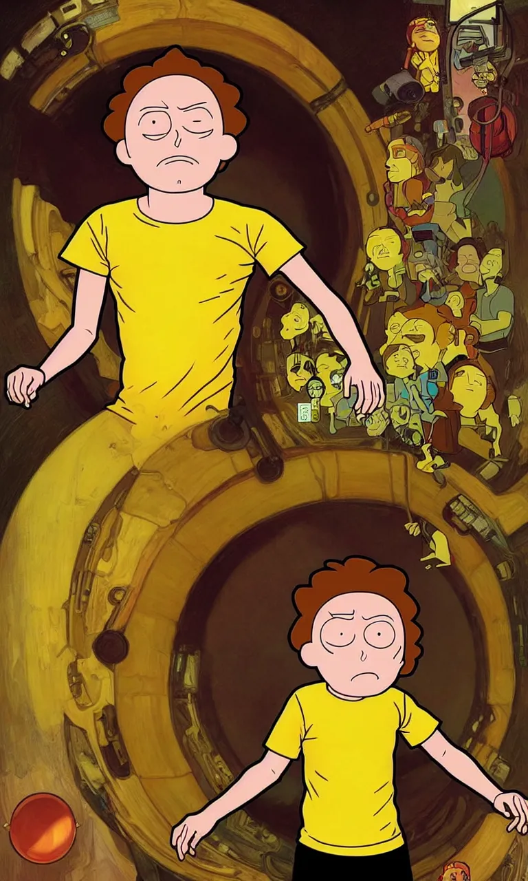 Image similar to hyper realistic portrait of an very young 1 2 yr dumb roundheaded round head morty, from rick and morty, worried, yellow t - shirt, portal in the background, by lee bermejo, alphonse mucha and greg rutkowski