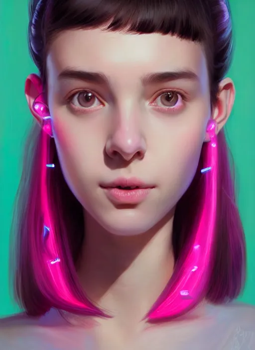 Image similar to portrait of teenage girl, narrow face, black hair, bangs, half updo hairstyle, skinny, smile, unattractive, defined jawline, big chin, wearing pink hair bow, earrings, intricate, elegant, glowing lights, highly detailed, digital painting, artstation, sharp focus, illustration, art by wlop, mars ravelo and greg rutkowski