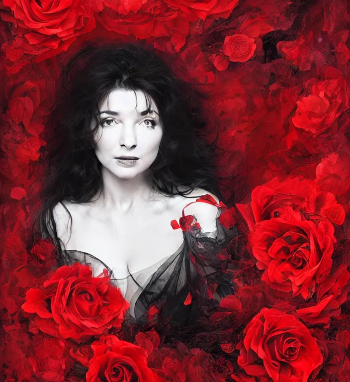 Prompt: portrait of kate bush, lush black hair, pale skin, red rose petals, flowing material, ruffled velvet background, intricate, beautiful cinematic lighting, stuning painting by artgerm and ruan jia and android jones