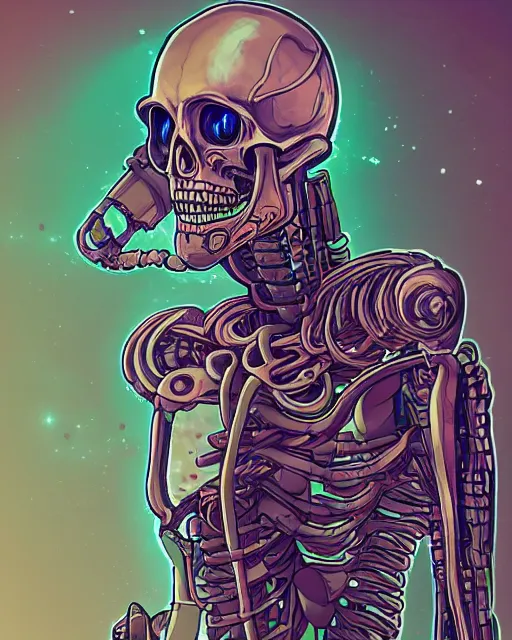 Prompt: portrait of a cyberpunk skeleton, glowy eyes, hyper detailed vaporwave style digital arts