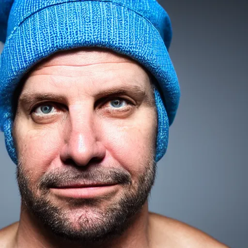 Prompt: photo portrait of a caucasian 4 0 year old man wearing a blue beanie, studio lighting 4 k award winning