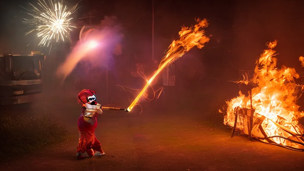 Image similar to photo of a clown using a flamethrower projecting a long bright flame towards a dumpster fire. award-winning, highly-detailed, 8K