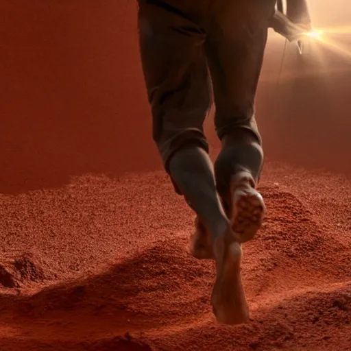 Prompt: cinematic still of a gust of wind blowing red clay into the shape of a 30 year old middle eastern man emerging waist up out of the red clay, strong, muscular, mysterious, fantastical, miraculous, epic, light rays, cinematic, Biblical epic directed by Steven Spielberg