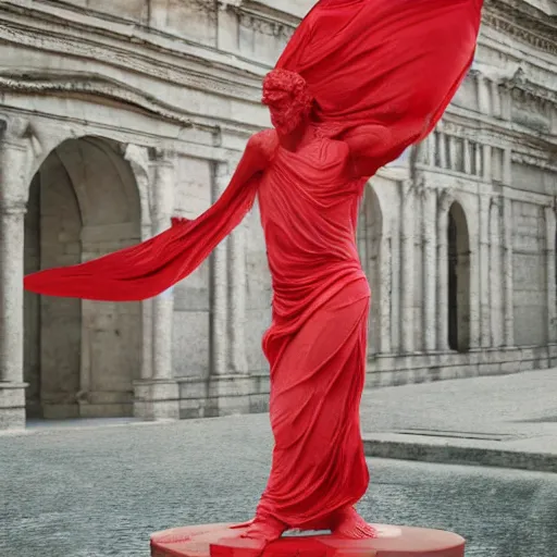 Image similar to a roman statue covered by red cloth that's blowing in the wind, digital art, concept art, cloth simulation with houdini, octane, redshift, 8 k