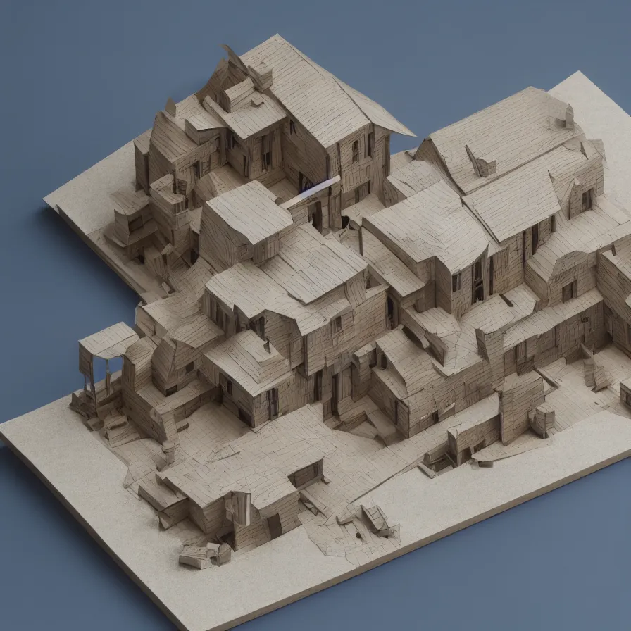 Prompt: architectural model, isometric view, 3 d render, studio lighting, wood and paper, low contrast, dark background, highly detailed, house, courtyard, tree, blue, mvrdv