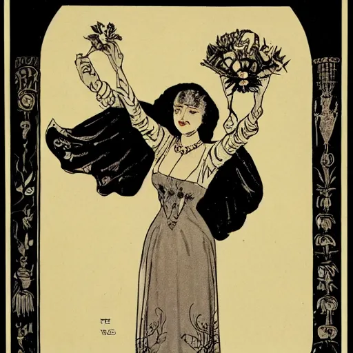 Prompt: a royal portrait of a cyborg woman. she holds a globe in one hand and flowers in the other. illustrated by burton rice. black orchids. 1 9 1 2.