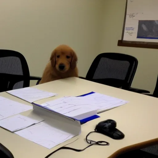 Prompt: golden retriever puppy sitting at in a boardroommeeting, looking tired, in the style of dilbert, scott adams, comic strip,