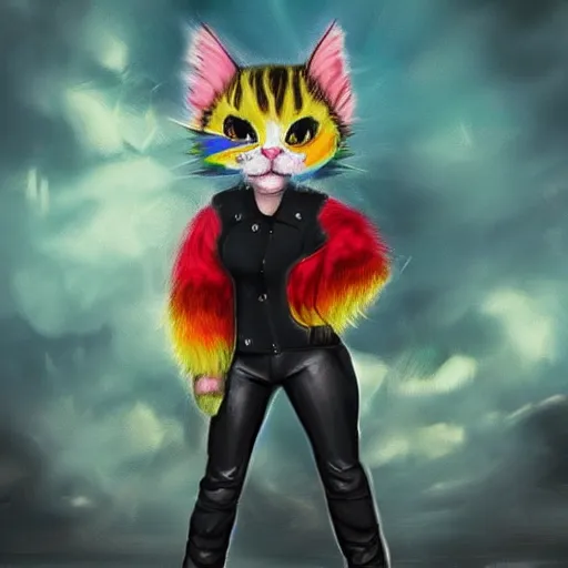 Image similar to wide angle full body, jacket wearing fluffy cute rainbow kitten wearing a black leather motorcycle jacket, cinematic concept art