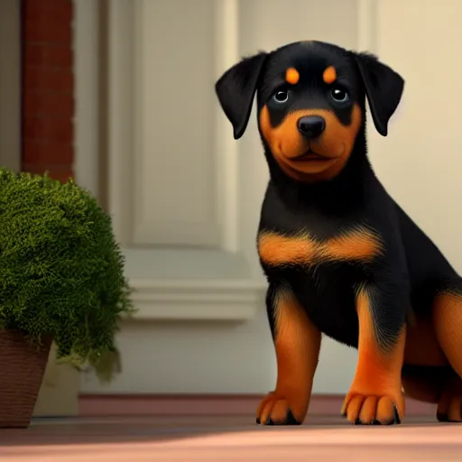 Image similar to cute rottweiler puppy, pixar, 8 k, octane render, still from pixar movie