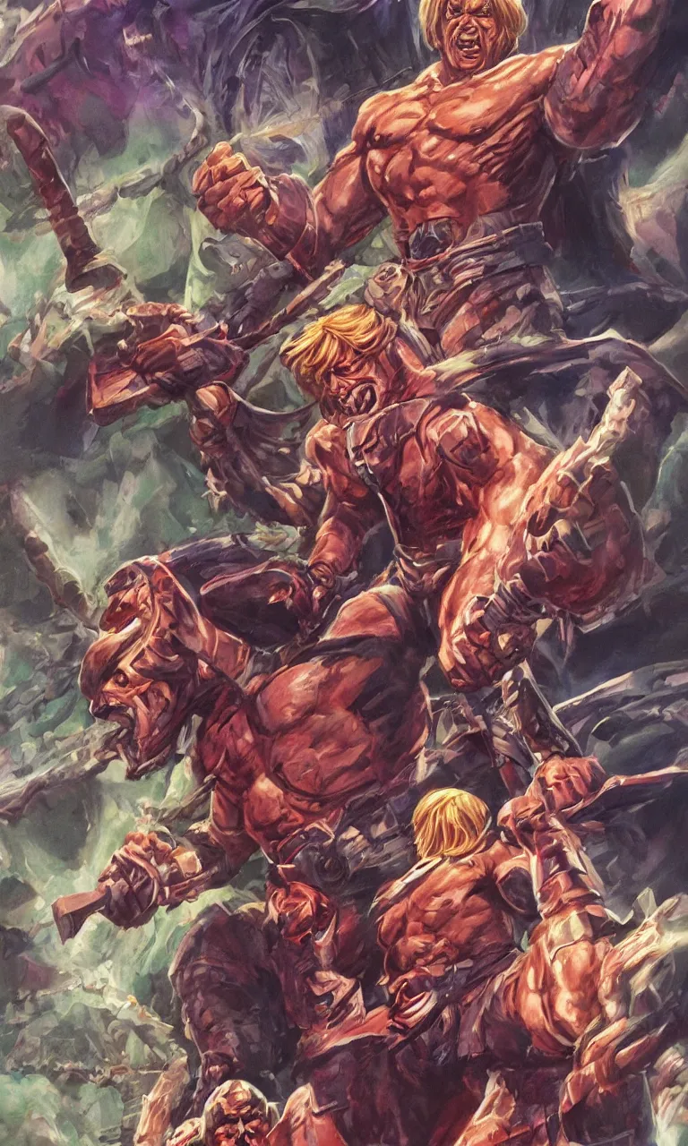 Prompt: giant he - man character design by alex ross