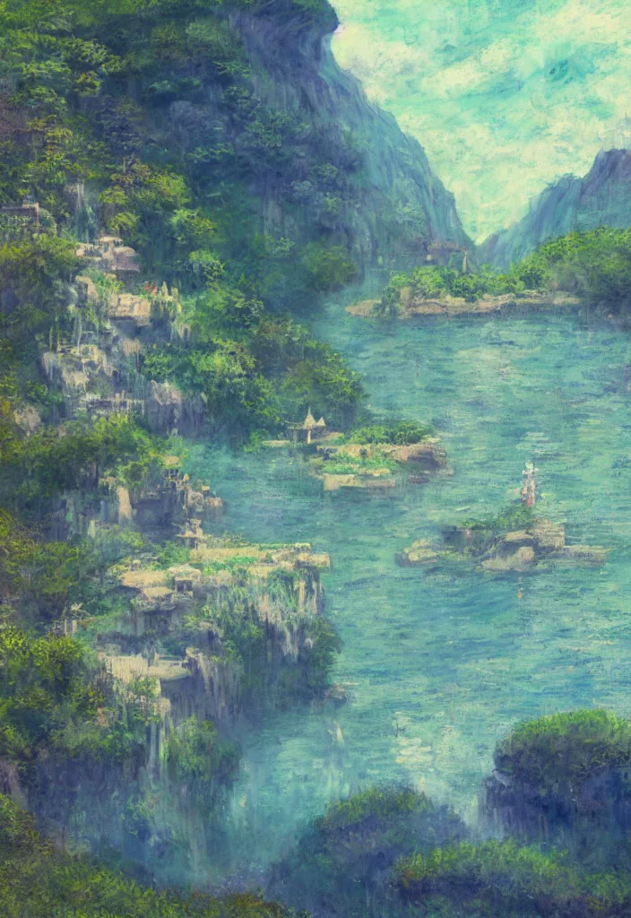 Image similar to tiny ghost in front of a japanese city in the mountain surrounded by waterfall. cyberpunk, boats flying. beautiful blue sky. gorgeous epic nature, lofi, vivid colors, amazing light, by jeremy lipkin, by claude monet, heavily inspired by makoto shinkai, inspired by ghibli, by klimt, masterpiece, multiple brush strokes, impressionist style