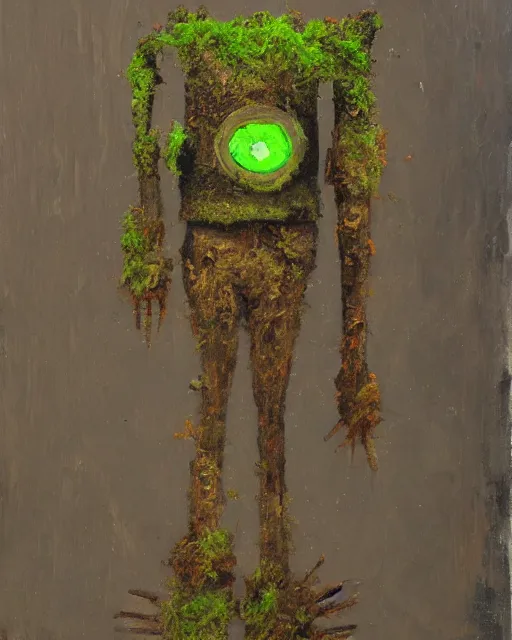 Image similar to detailed oil painting of a decayed, rusty, humanoid robot, covered in moss