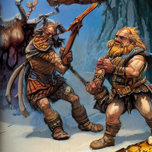 Image similar to DnD dwarves in gladitorial duel. Concept art by james gurney. Dark sun.