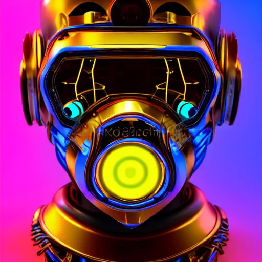 Prompt: portrait photo of a cute gold and blue glossy metallic futuristic steampunk robot ape with multicolored glowing gears and tubes and cables, crisp, wearing a cyberpunk mask, fluorescent colors, insanely detailed, 3 d render, front shot