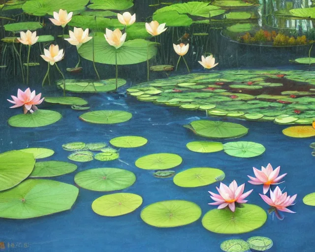 Image similar to koi pond, lotus flowers, dark blue water, green lily pads, goldfish, a fantasy painting by makoto shinkai and James Gurney, trending on artstation