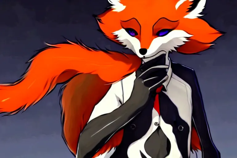 Image similar to a furry tan male fox on a persona 5 : royal ( by atlus ) video game splash screen, a furry male sandcolored tan fox fursona ( has hair ), persona 5 phantom thief style