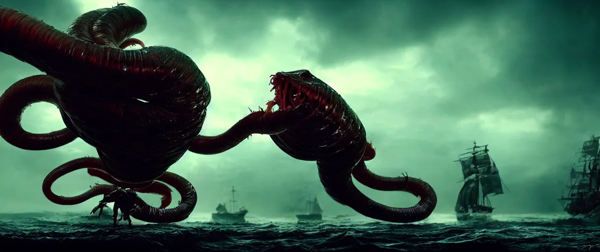 Image similar to pirates fighting giant screaming worm, cinematic atmosphere, maximized, high detail, 8k, ornate, dark fantasy, masterpiece, complex, film still from the movie directed by Denis Villeneuve