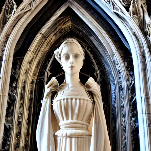 Image similar to architectural shot, no decaying lines, alabaster gothic cathedral, gothic sapphire female statue, intricate arabesque detailed silk dressed, macro head face