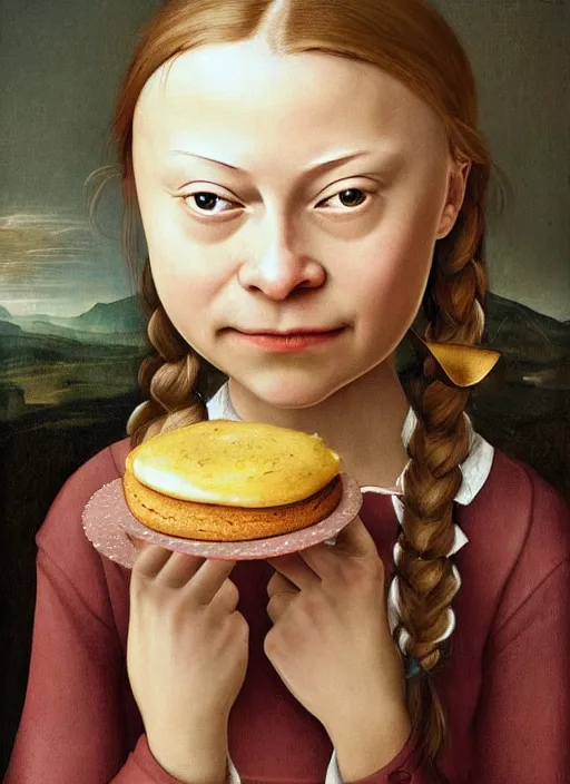 Image similar to greta thunberg eating cakes painted by hieronymus bosch, detailed digital art, trending on Artstation