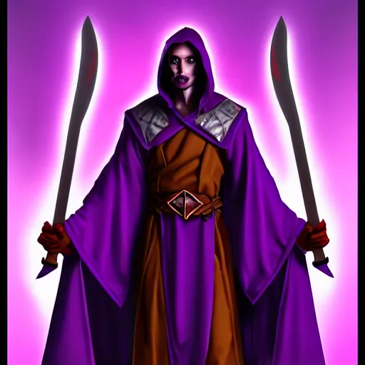 Image similar to demon in purple robe with sword, artstation, fantasy