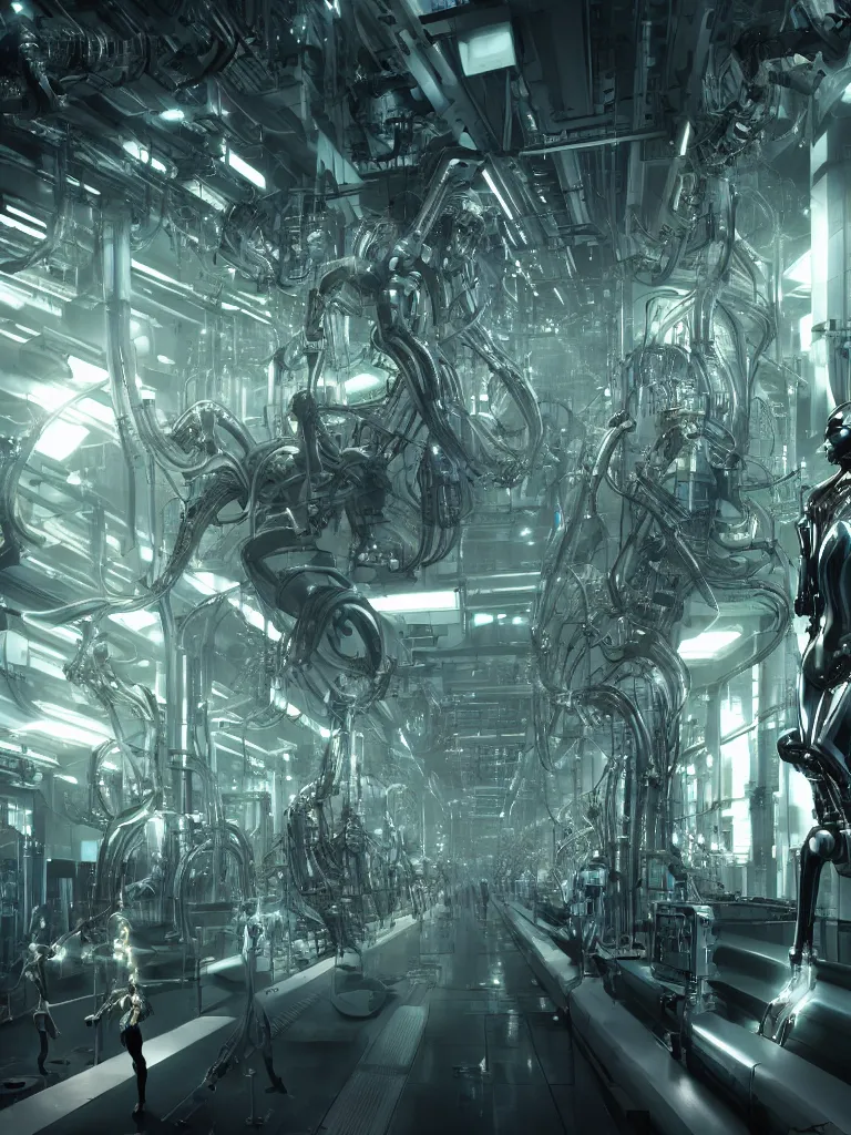 Prompt: cinematic, photography, epic composition, dark cyber punk mood, robotic arms making a beautiful android woman in an assembly line, in a futuristic factory with advanced biotechnology, holographic floating data displays, floating power cables, hajime sorayama, h. r. giger, octane rendered, 4 k, lens flare,