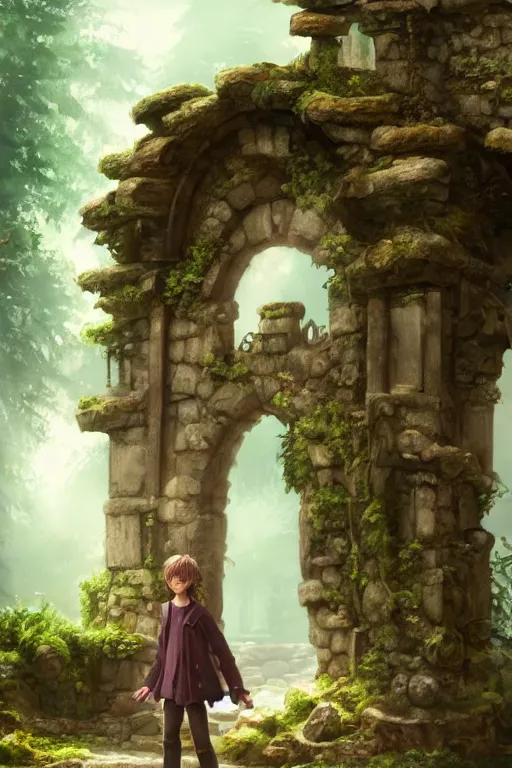 Image similar to a highly detailed matte painting of a teenager with shaggy hair and hip clothes standing in front of a stone gate in the elven forest ruins, by studio ghibli, by artgerm, by wlop, by greg rutkowski, red tones, volumetric lighting, octane render, 4 k resolution, trending on artstation, masterpiece