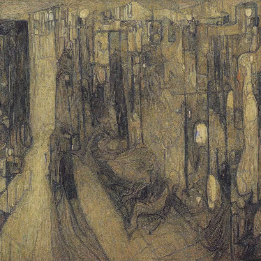 Image similar to artwork about loneliness when time drags on, by jan toorop. atmospheric ambiance. depth and perspective. foggy.