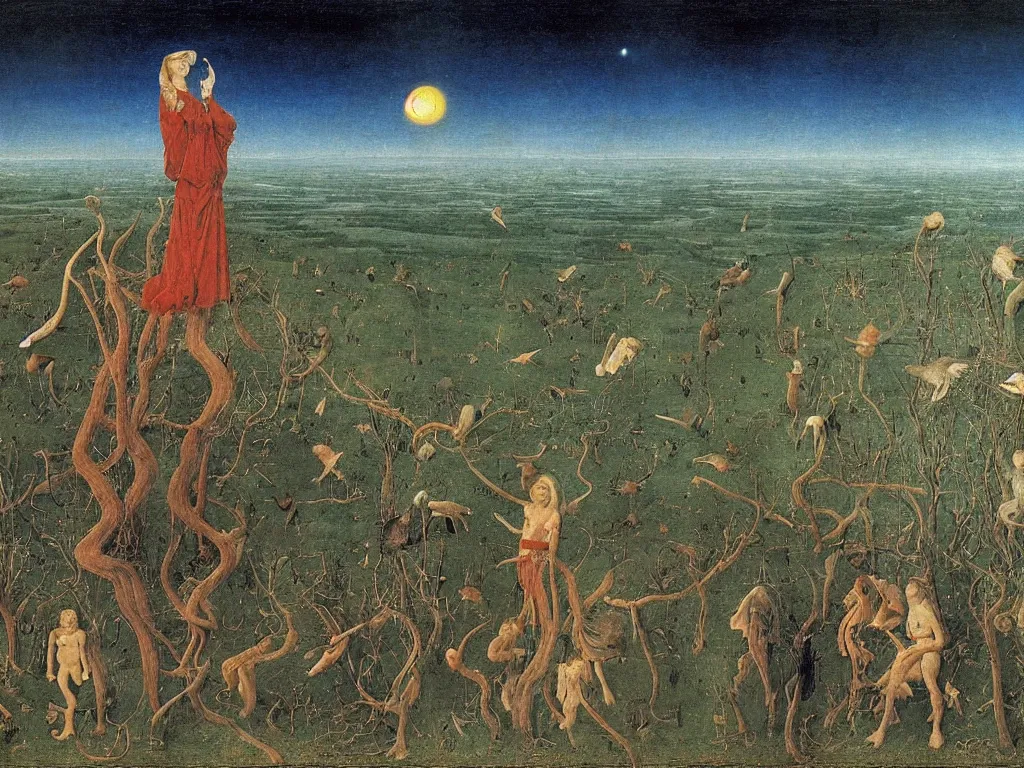 Image similar to the limitless plains of reptilian sorrow. Night of the star gazer. God trapped in the mud. Flock of birds. Painting by Jan van Eyck, Fra Filippo Lippi, Rene Magritte, Agnes Pelton, Max Ernst, Beksinski