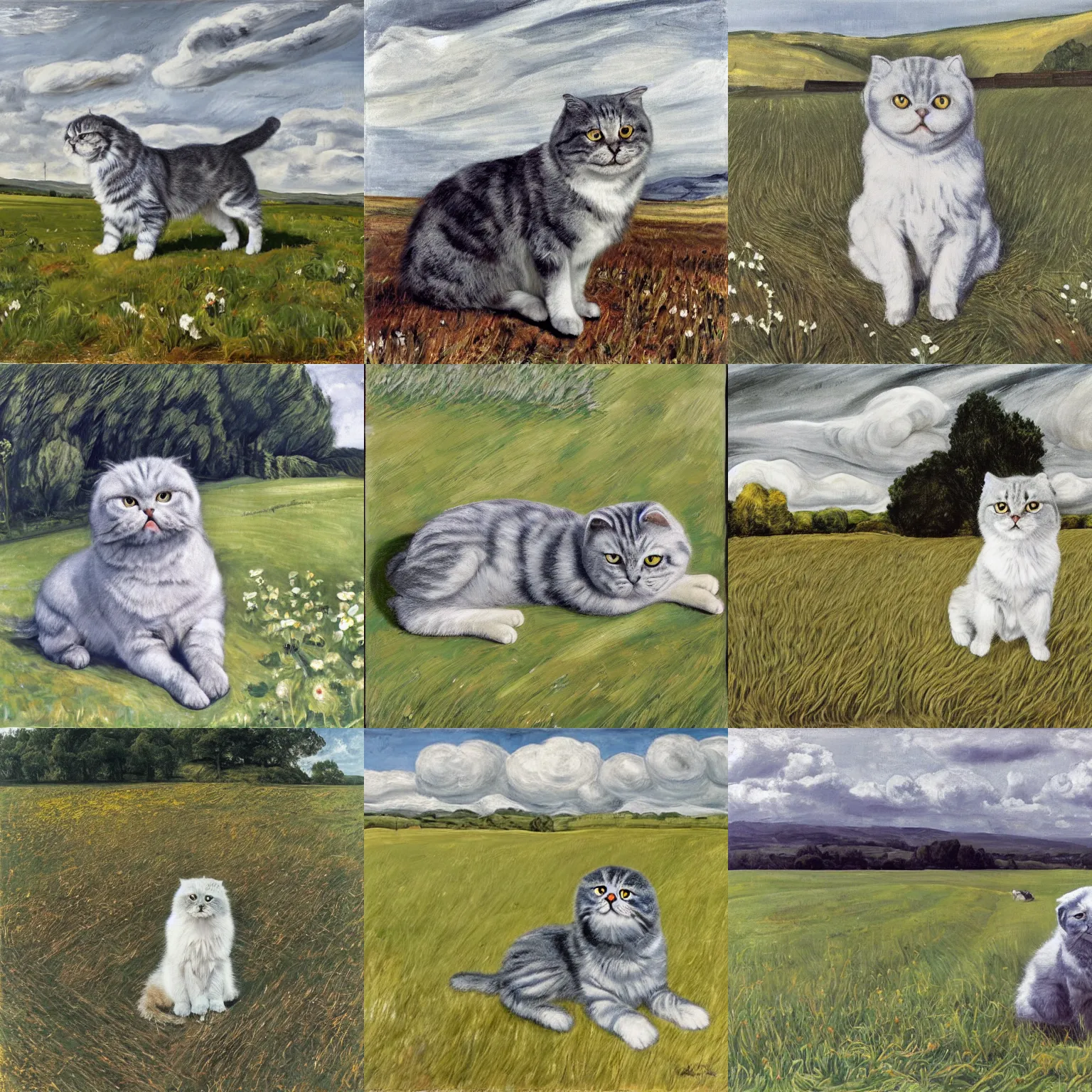 Prompt: a gray scottish fold sitting in the middle of sunny meadow, by lucian freud