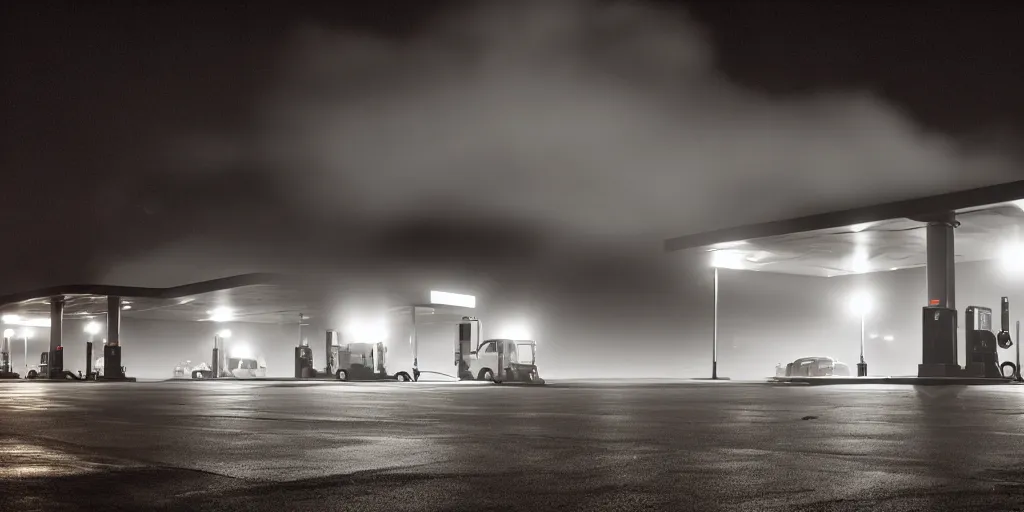 Prompt: gas station, fog, night, atmospheric lighting, high quality digital photography, 8k