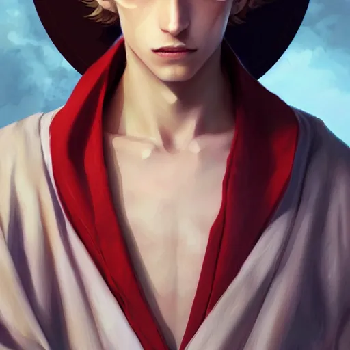 Image similar to colorful Captivating teenage boy with brown blond hair and thin facial structure, brown eyes with red eye markers, slim body, wearing a detailed Japanese kimono with golden details, atmospheric lighting, painted, intricate, 4k, highly detailed by Charlie Bowater