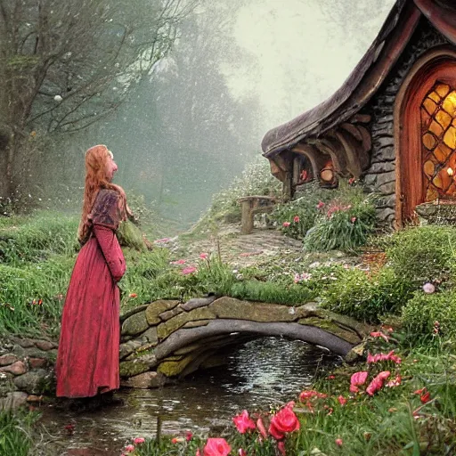 Image similar to woman in medieval hobbit house, ornate, beautiful, atmosphere, vibe, mist, smoke, fire, chimney, rain, wet, pristine, puddles, melting, dripping, snow, creek, lush, ice, bridge, forest, roses, flowers, by stanley artgerm lau, greg rutkowski, thomas kindkade, alphonse mucha, loish, norman rockwell