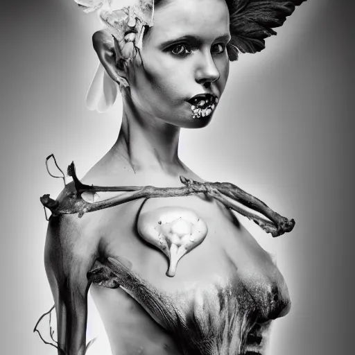 Image similar to bone fairy portrait, studio lighting, portrait photography, black - and - white photography, hyper realism, fantasy, 4 k,