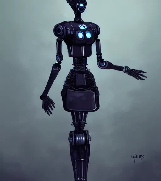 Prompt: a robot wearing a gothic dress, full body shot, highly detailed, digital painting, artstation, concept art, smooth, sharp focus, illustration