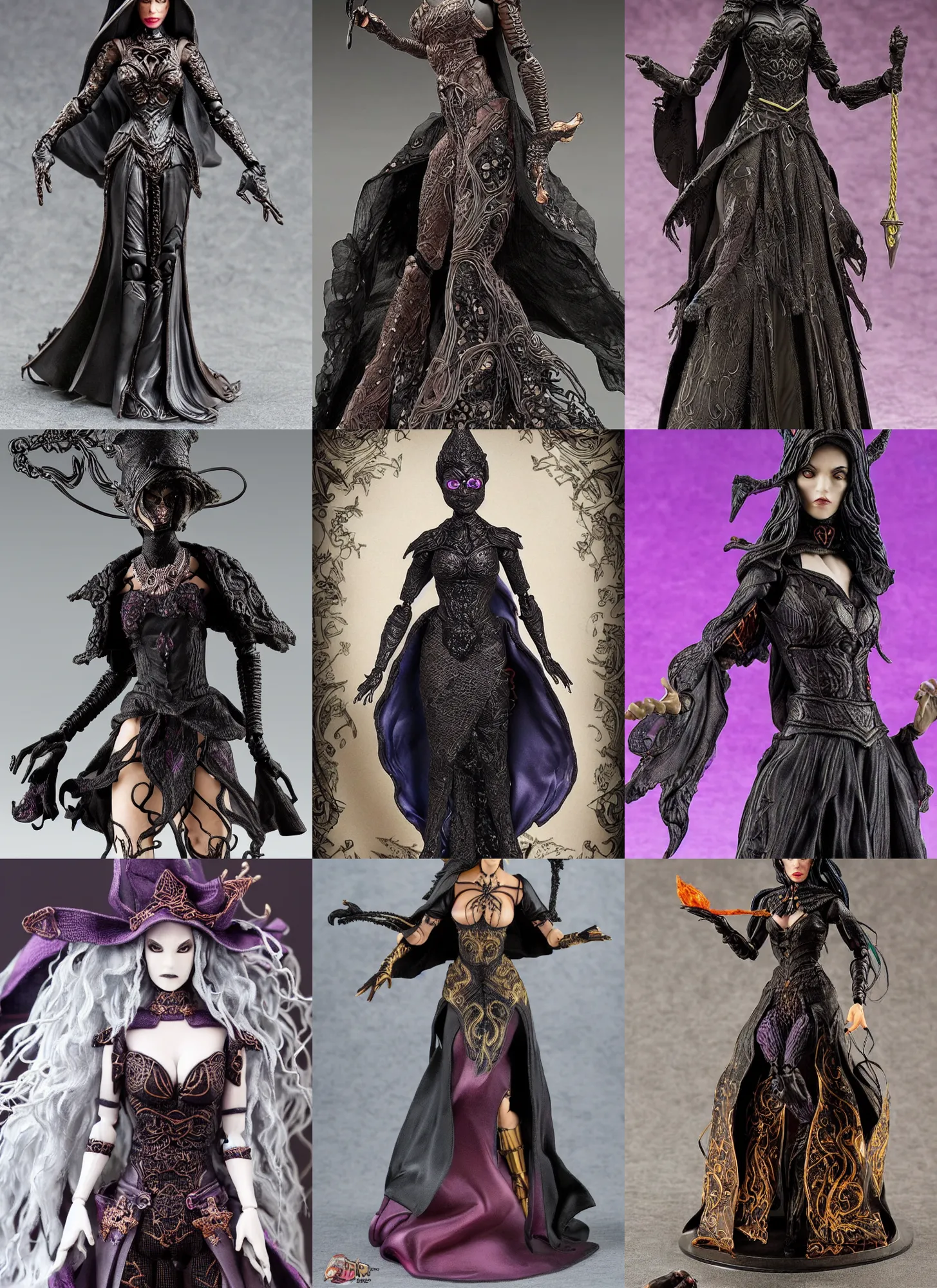Prompt: full body detailed action figure of a beautiful dark magic witch with a beautiful face wearing intricate clothing