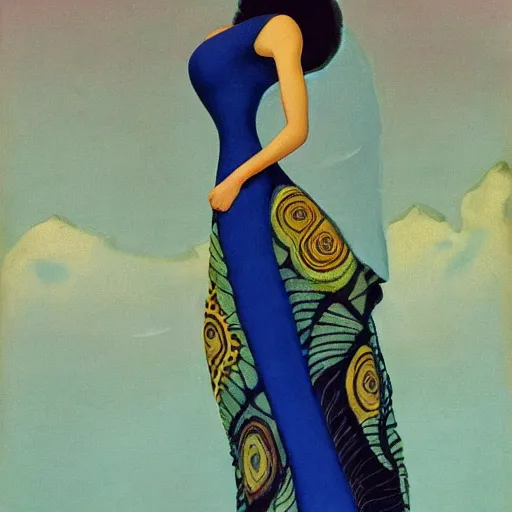 Prompt: a oil painting of a fair skin with dark curly stylised hair queen wearing dress, by hans emmenegger, by bruce pennington, by eyvind earle, by nicholas roerich, by georgia o keeffe, highly detailed, realistic, concept art, jewels, tiles curtains, oriental, desaturated