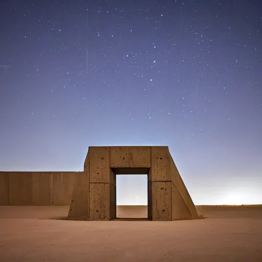 Image similar to concrete structure with neon lights in the middle of a desert, minimalistic architecture, at night, dark, surreal, open space, light art, james turrel,