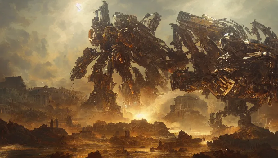 Image similar to 1 7 3 1's baroque painting of mecha destroying athens, hyperdetailed, artstation, cgsociety, 8 k