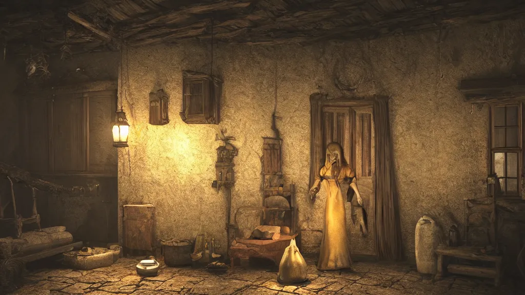 Image similar to A witch in the shadows of a dark decrepit medieval cottage at night, highly detailed interior, hyperrealistic, V-Ray render, 8k UHD