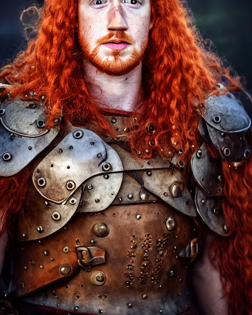 Image similar to northern Mark Zuckerberg warrior, red hair, ginger hair, long hair, fantasy, Viking, high detailed, photography, cloudy, lightweight leather armour, Scandinavia, plain, detailed face, beautiful face, look into the distance, professional model, glowing skin, serious face, full body, professional photographer, masterpiece, 50 mm, 8k, 3D