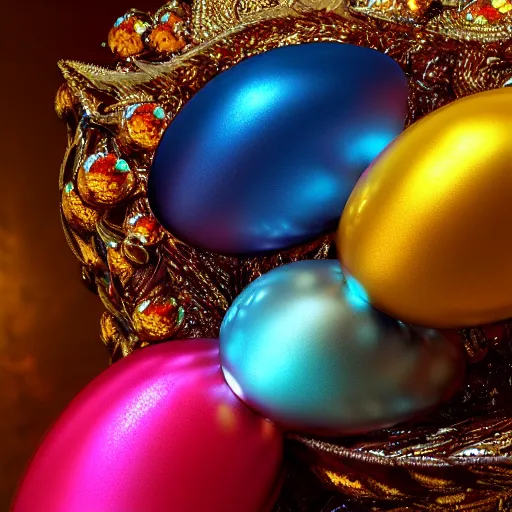 Prompt: colorful, glowing, metallic dragon scale egg sitting on a nest of gold objects, photorealistic, symmetrical, unreal engine