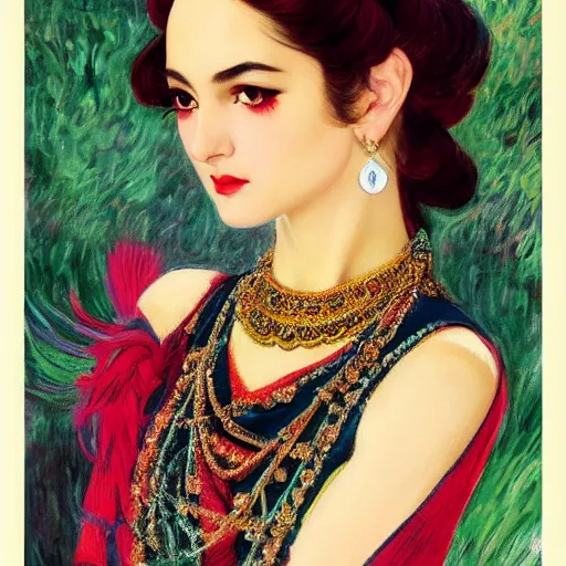 Prompt: beautiful classical ornamental emblem of a fashionable ceremonial dancer, focus close on dreaming eyes, soft skin, seventies giallo film by ilya kuvshinov, monet, range murata artgerm, katsuhiro otomo, norman rockwell, highly detailed intricately sharp focus, looking into the distance, trending on pinterest vogue italia 5 0 mm, 4 k uhd image