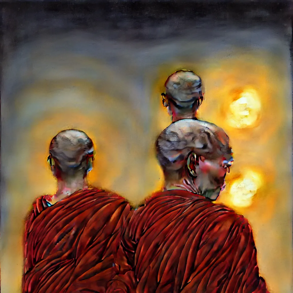 Image similar to portrait of a buddhist monk experiencing ego death at sunrise, cinematic lighting, intricate, elegant, highly detailed, lifelike, photorealistic, digital painting, concept art, smooth, sharp focus, art by katushiro otomo, bright colour tone, surrealism by rene magritte