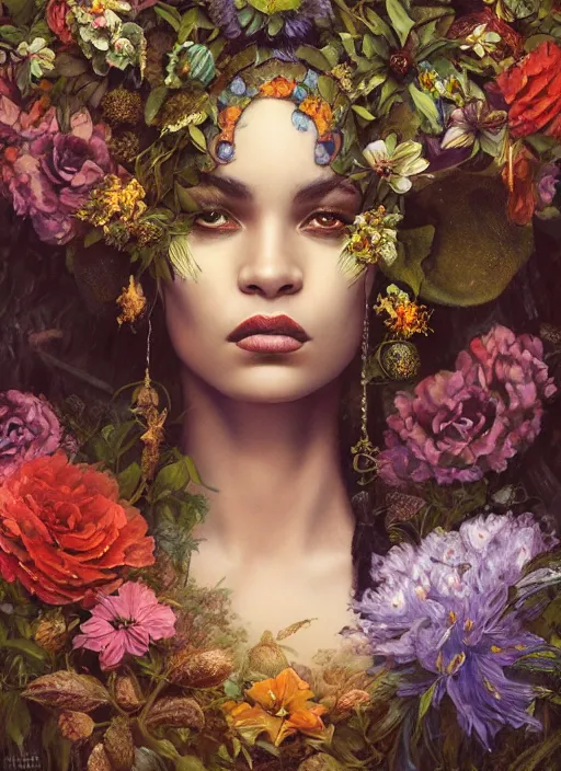 Image similar to portrait of the african queen of the underworld, surrounded by flowers by karol bak, james jean, tom bagshaw, rococo, sharp focus, trending on artstation, cinematic lighting, hyper realism, octane render, 8 k, hyper detailed.