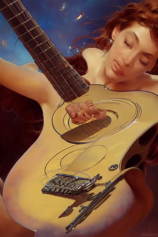 Image similar to fender guitar flying lost in the space, detailed, 8 k, trending on artstation, smooth, sharp focus artwork by mark arian, artgerm, mark keathley, greg rutkowski and alphonse mucha