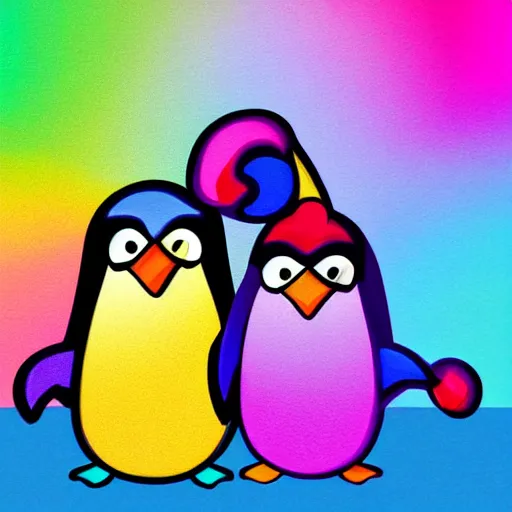 Image similar to portrait friendly cute happy stylish realistic rainbow penguin. background in the style of art nouveau. lively. colorful. hd.