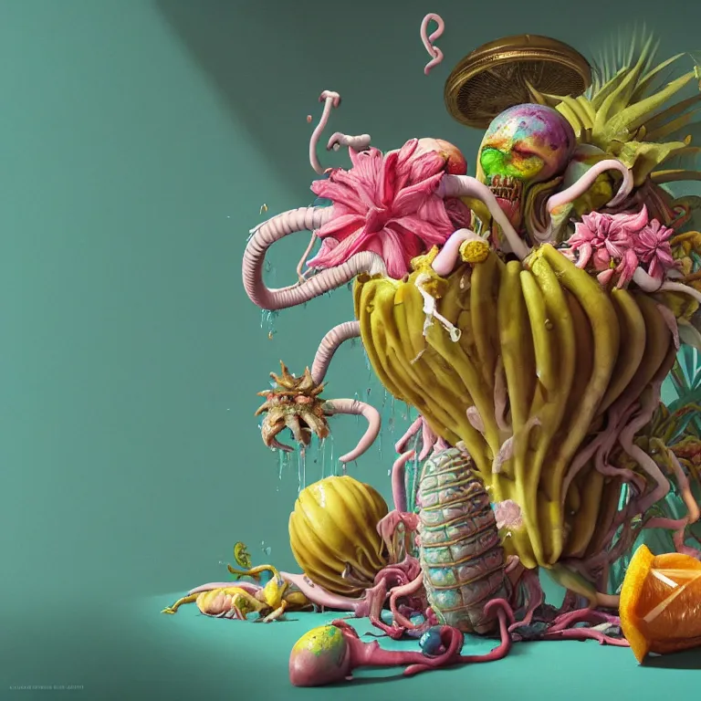 Image similar to still life of surreal alien pastel tropical flowers, rotten moldy colorful mold, dripping pastel paint, surreal alien ribbed tropical fruit, white human spine, baroque painting, beautiful detailed intricate insanely detailed octane render, 8K artistic photography, photorealistic, chiaroscuro, Raphael, Caravaggio