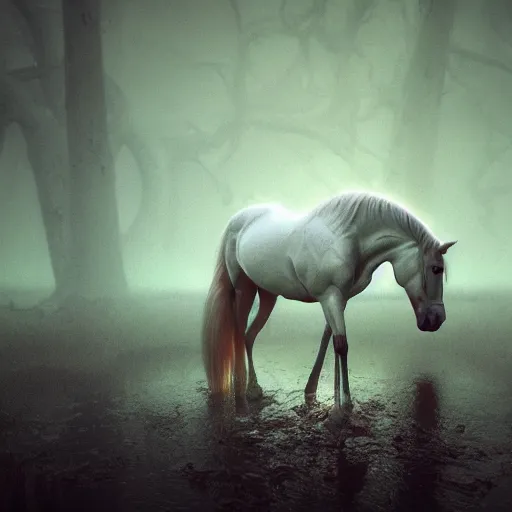 Prompt: resin painting, white horse buried neck deep in the mud of the swamp of sadness. Swampy, matte painting, dark, volumetric lighting, crepuscule, octane render